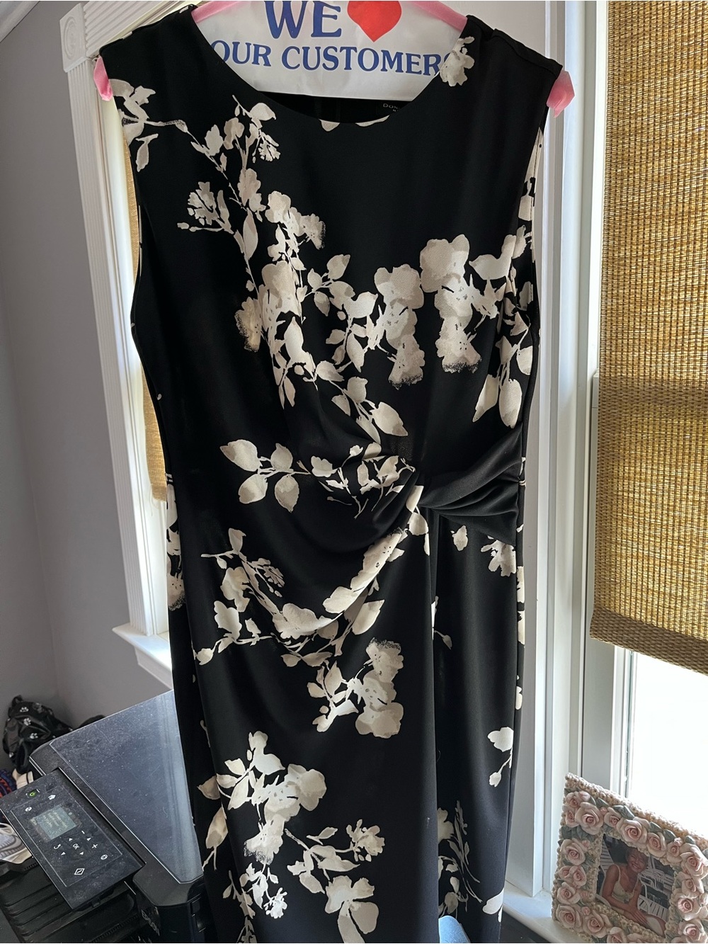 DKNY Black Dress with Ivory Floral Print and Twist Detail